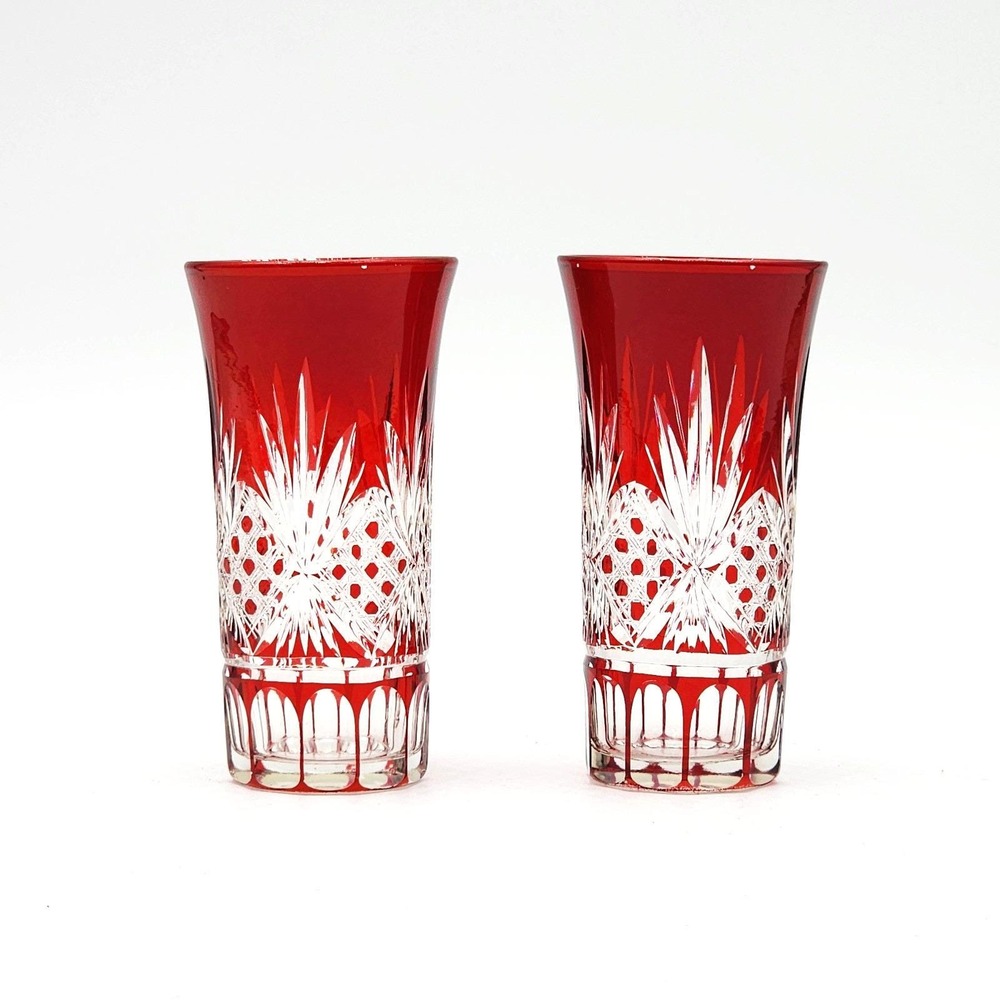 Vintage Bohemian Ruby Red Cut to Clear Crystal Tumbler Highball Glasses Pair